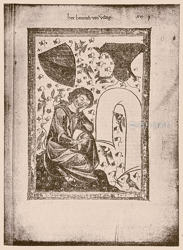 海因里希・冯・维尔德克(约1140/1150- 1210年前)――明尼苏达州人的肖像，或中世纪德国宫廷爱情诗人。插图来自Codex Manesse或Gro?e海德堡Liederhandschrift